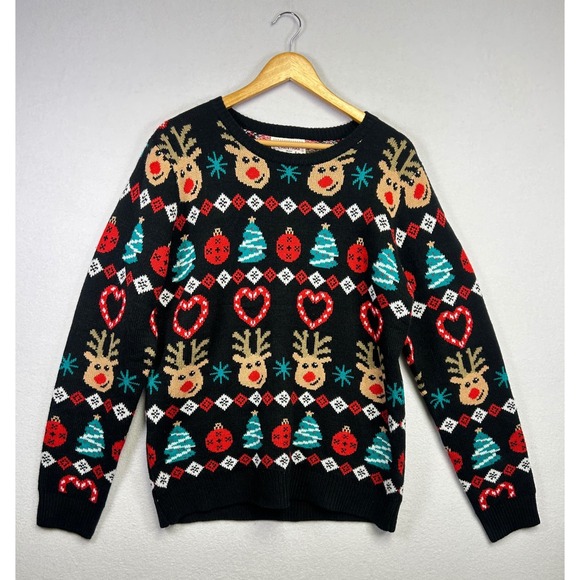Daisys Boutique Sweaters - Daisys Black Christmas Reindeer‎ Tree Candy Cane Ugly Sweater XL